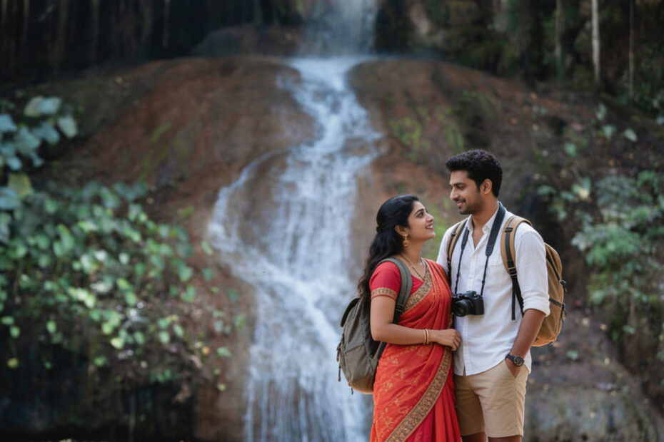Tourist enjoying Waterfalls in Goa