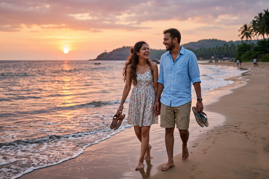 A young couple walking barefoot on a quiet Goan beach during sunset, laughing naturally while carrying sandals in their hands.